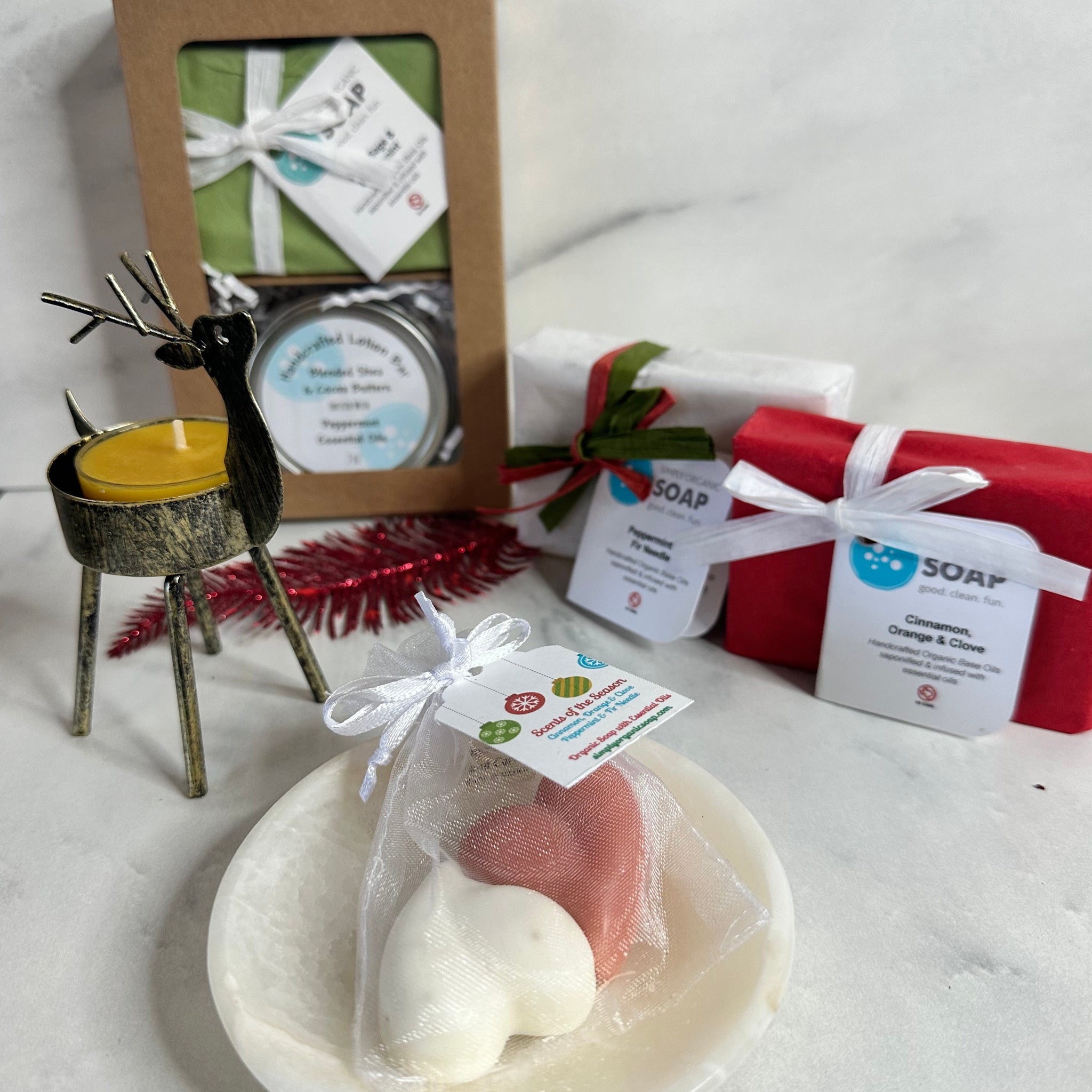 Holiday Bubble Box! with Organic Soaps Lotion Bar and beeswax tea Light candle