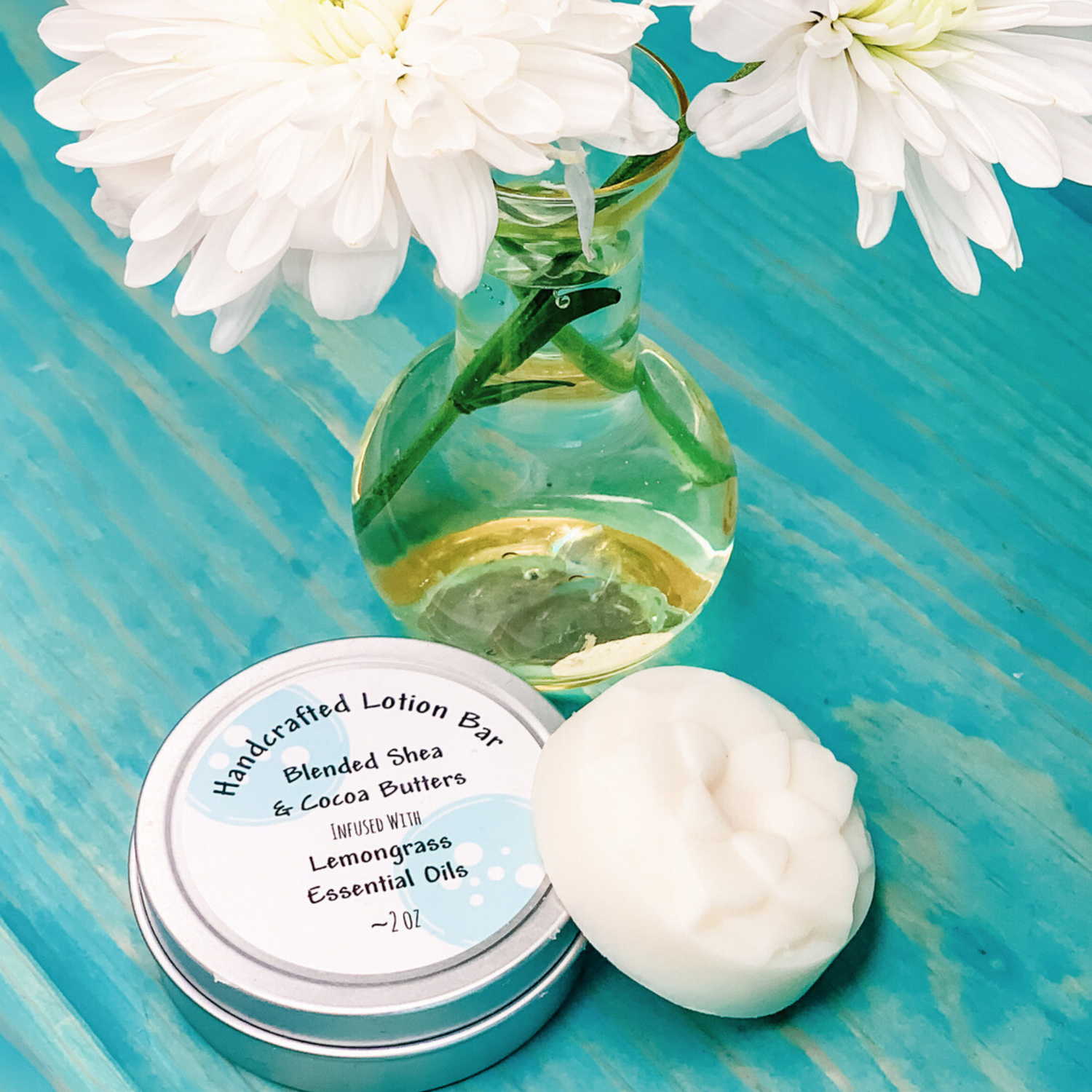 Lotion Bar with Shea Butter, Cocoa Butter and Lemongrass Essential Oil and Flowers